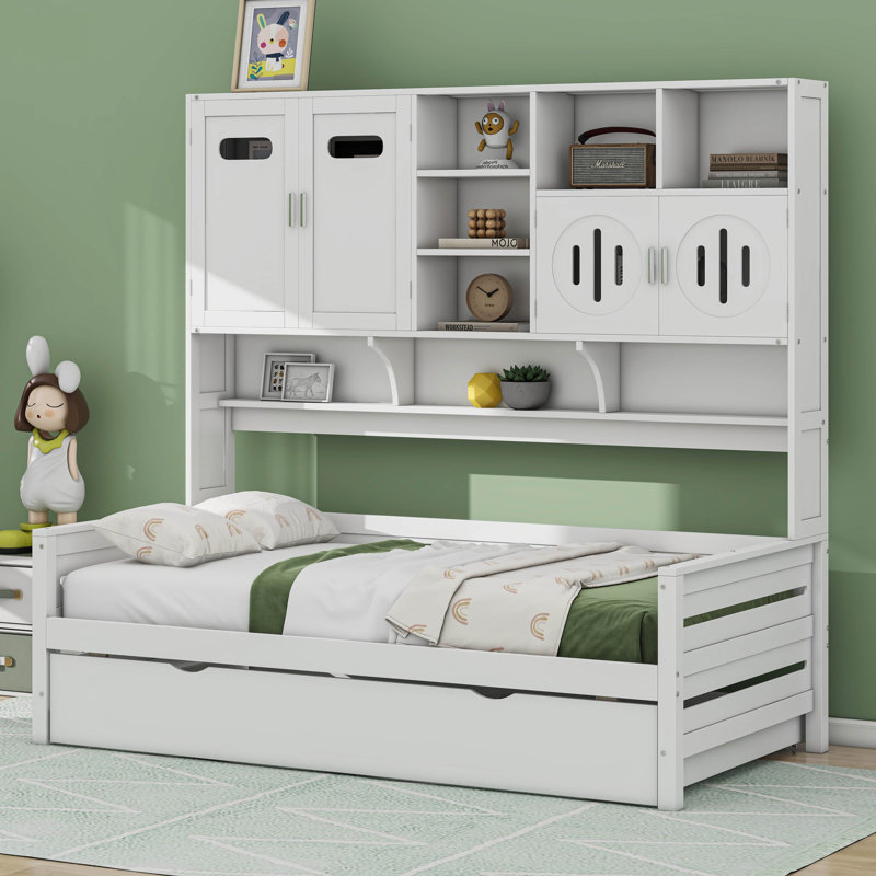 Lit plateforme avec lit gigogne simple, armoire et tablette tout-en-un, Lit simple, Blanc