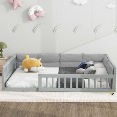 Full Size Upholstered Bed With Guardrail And Fluffy Pillow - Stable Build Platform Strong Wood Structure