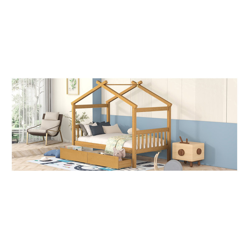 Lit simple en bois avec tiroirs, naturel, Naturel