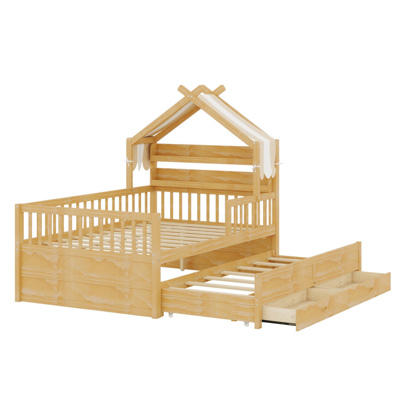Lit Modern House avec couchette et éléments en tissu, Lit double, Naturel