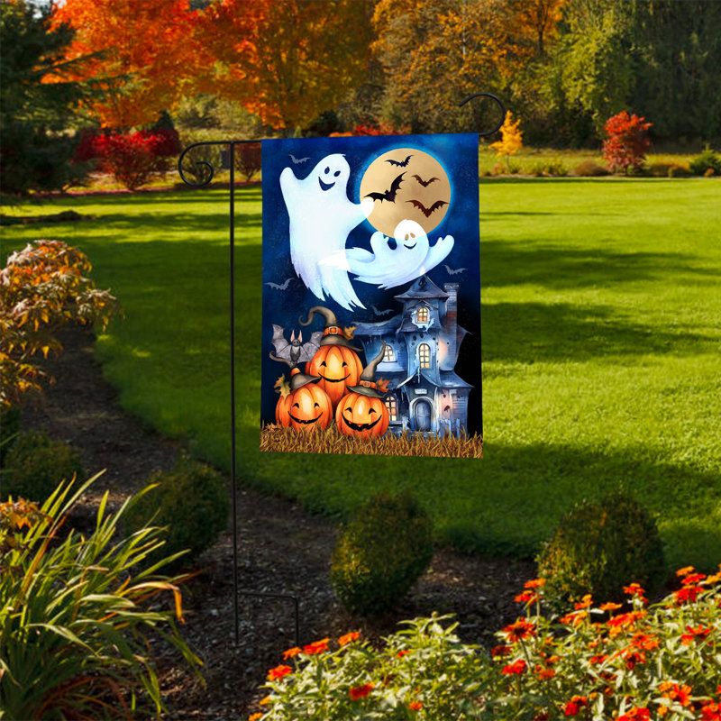 Drapeau d'Halloween obsédant le jardin, Halloween bleu marine/blanc/orange