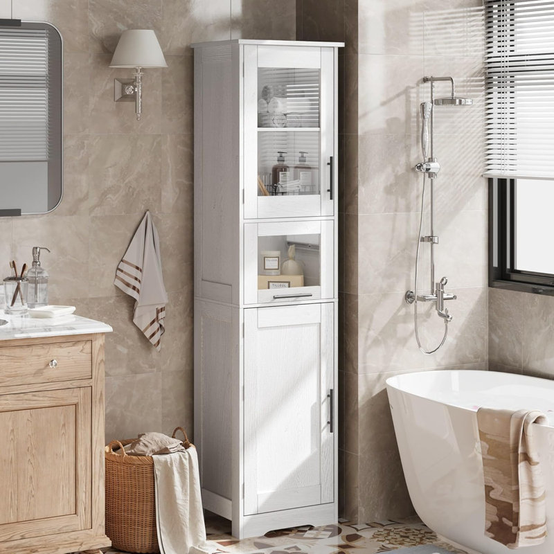 Armoire de rangement étroite pour salle de bain, armoire mince de 67 po de hauteur avec portes en verre et tablette réglable
