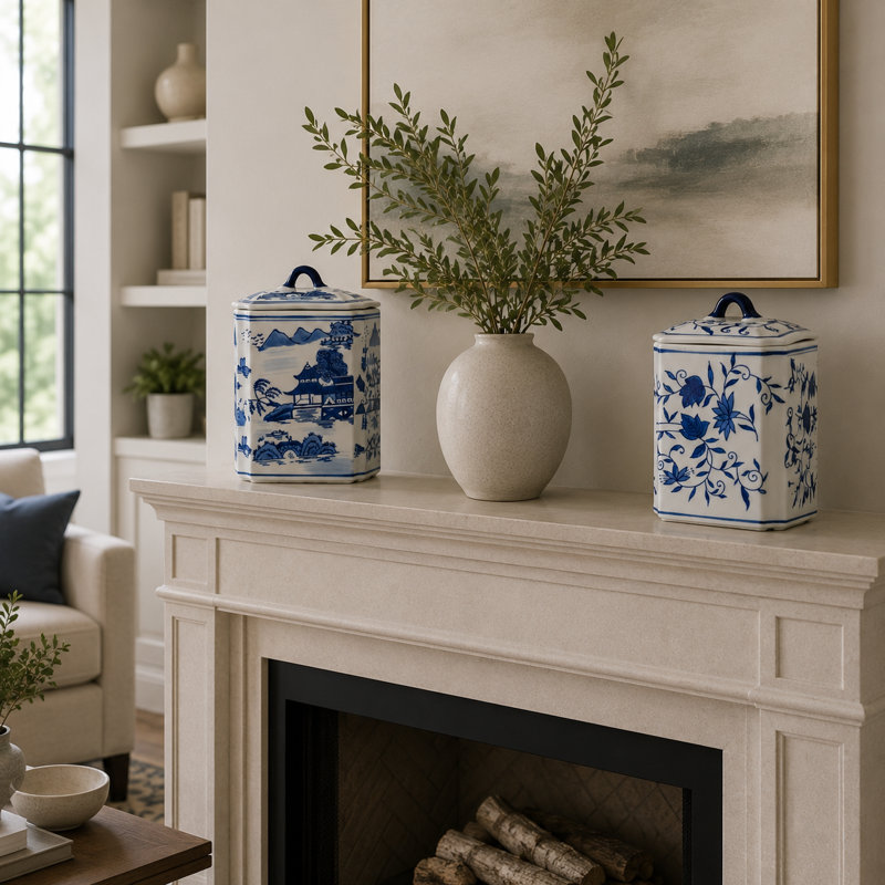 Chinoiserie Ceramic Decorative Box Jars with Lids - Rectangular Floral & Scenic Storage Accents for Shelves, Console Tables & Entryways - Set of 2, Blue & White