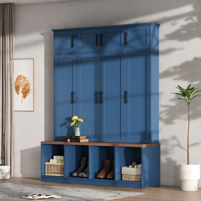 Farmhouse Hall Tree With 4 Hidden Hanging Hooks, 8 Doors, Seating Bench And Shoe Cabinet, Blue