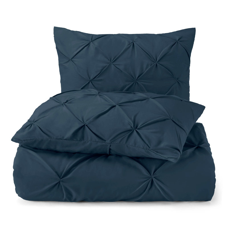 Double Brushed Pleated Duvet Cover Set, Navy, Twin Duvet Cover + 1 Standard Pillowcase