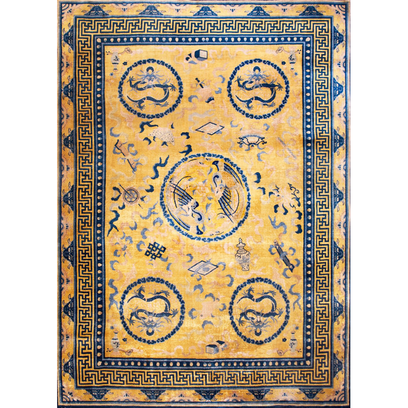 Stunning Gold Background Color Antique Dragon Chinese Bird Of Paradise Tiger Border Rug