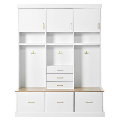 75'' H Entryway Hall Tree With Bench And Storage, 5-In-1 Modern Hall Tree With Coat Rack, 6 Drawers, 3 Cabinets And 3-Tier Top Storage For Hallway, Entryway, Living Room, Mudroom