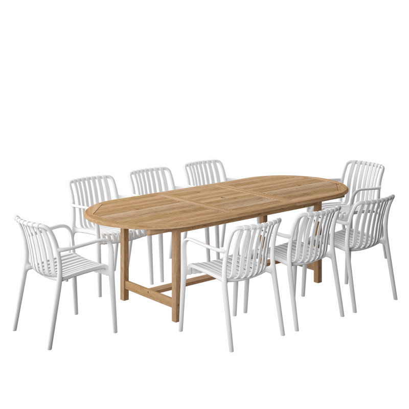 Ensemble de salle à manger d'extérieur extensible 9 pièces en teck et résine, Blanc
