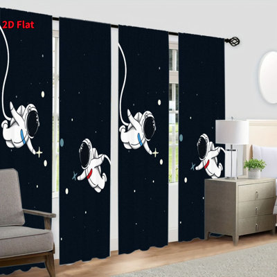 4Pcs Cute Cartoon Astronaut Starry Sky Pattern, Adopting Pocket Pole Installation, Digital Printing Curtains, Suitable for Living Room, Kitchen, Bedroom, Study, Bathroom, Hotel, Dining, Home Decoration