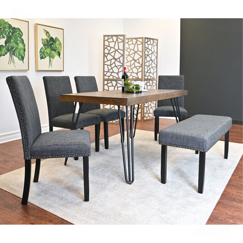 6-Piece Dining Set, Hairpin Dining Table With 4 Chairs And A Wood Bench, 3 Color Options, 6 Pieces: Table, Bench, 4 Chairs