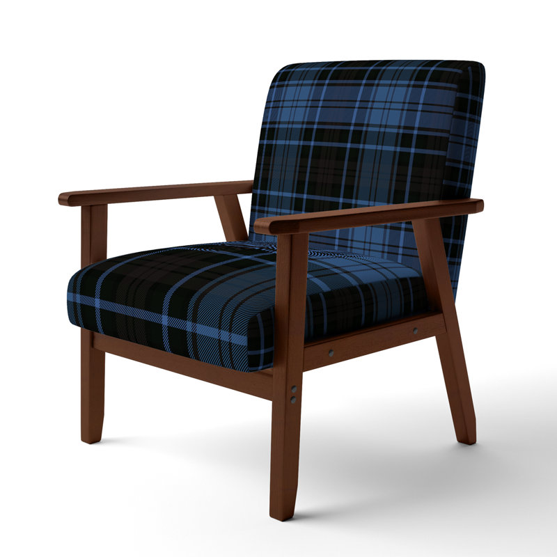 'Fetullah Green And Orange Checked Tartan - Upholstered Patterned Accent Arm Chair, Blue/Black, Brown