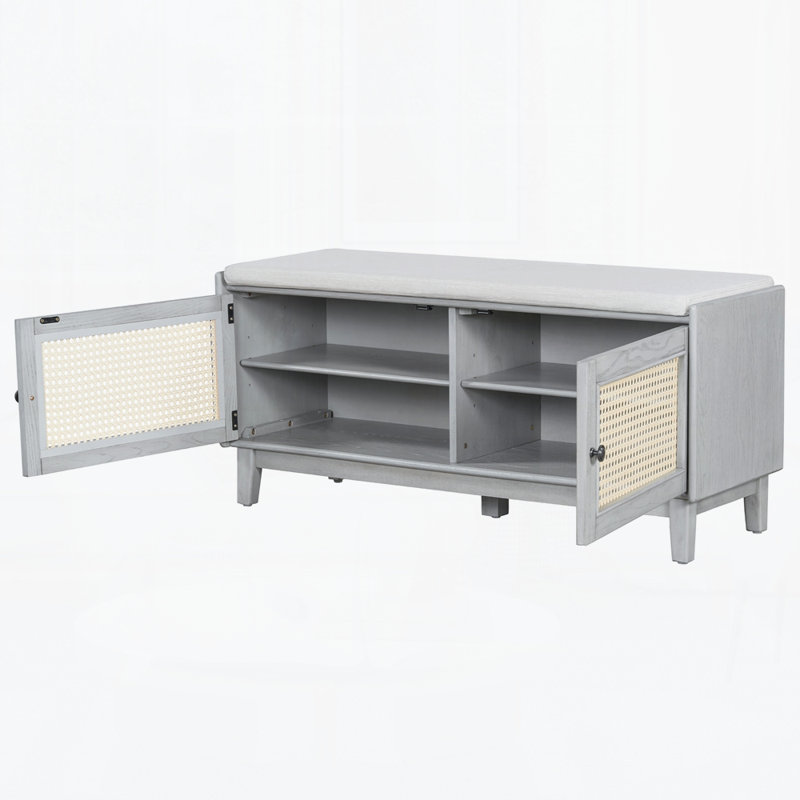 Banc d'entrée en rotin avec rangement Boho, Gris délavé / beige