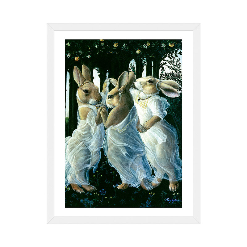 « Bunny graces » par Melinda Copper-impression d’art graphique, H 32 po x l 24 po x P 1 po, Papier avec cadre blanc
