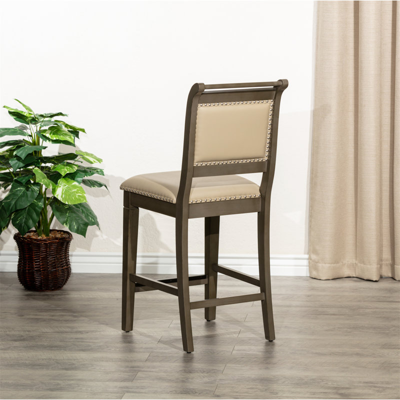 Tabouret de comptoir avec finition patinée et siège en cuir, Gris, Ivoire ivoire