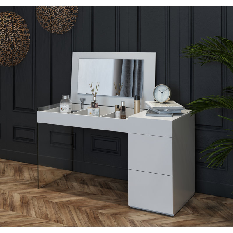 Meuble-lavabo en verre flottant avec miroir Bassima, Blanc