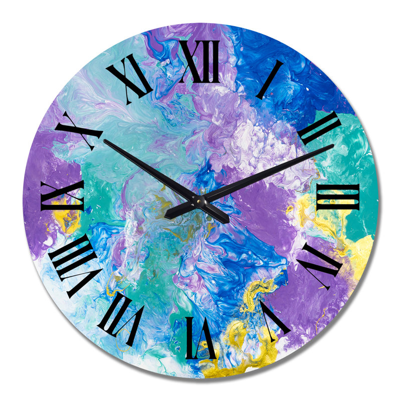 Abstrait bleu mauve et jaune - horloge murale moderne, Médium