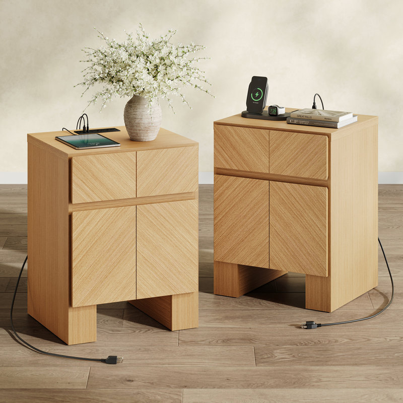 Table de chevet moderne en bois 23,5 po avec station de charge, tiroir et armoire de rangement pour la chambre à coucher, assemblage facile