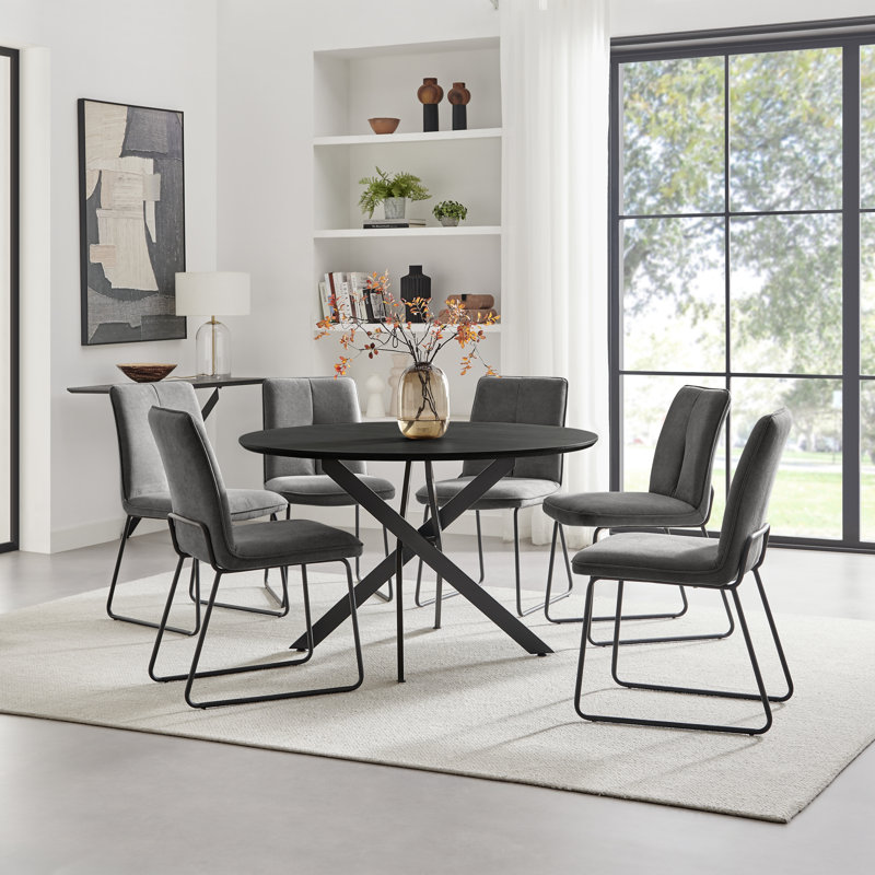 Hadlow Veneer & Metal Round Dining Table With Eubanks Fabric Chairs - Modern Statement Design, Dark Grey, 6