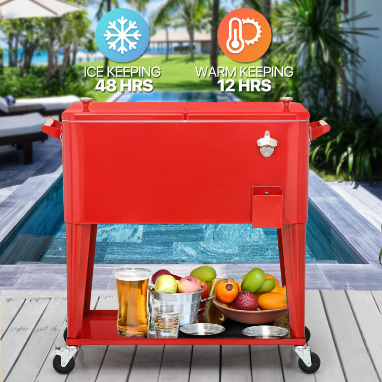 Bring Home Furniture Outdoor 80 Qt Rolling Cooler Cart, with Bottle Opener  + Storage Shelf Camping Beverage Ice Chest