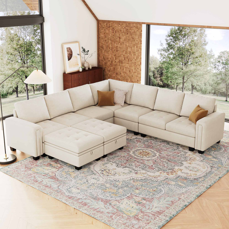 Canapé modulaire en velours de salon avec 2 repose-pieds avec rangement Shavera, Velours beige