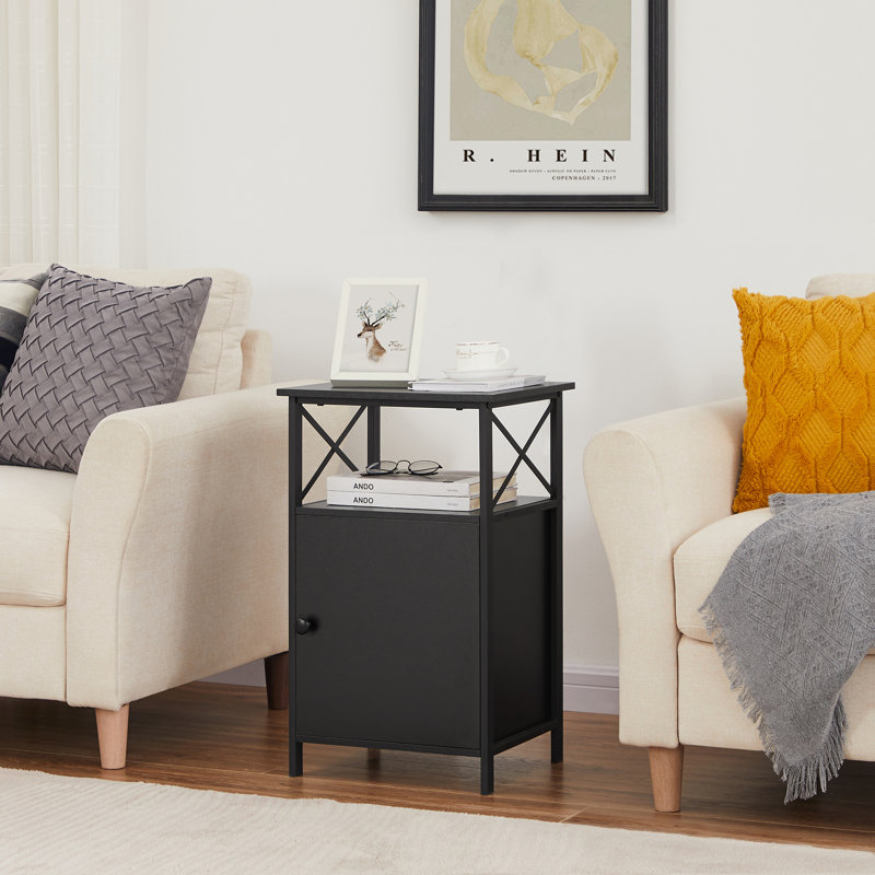 NS Wooden Bedside Table with Open Storage Shelf, Modern Nightstand for Bedroom, Living Room, Black
