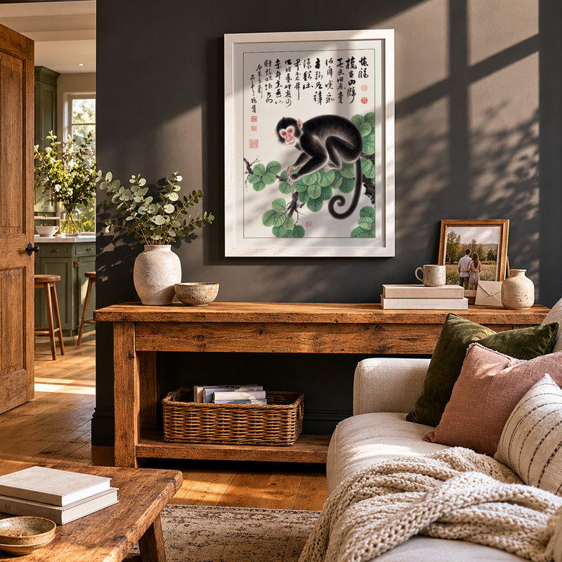 Monkey Among Calligraphy Japandi - Framed Print, A1 - 84.1 x 59.4 cm, White