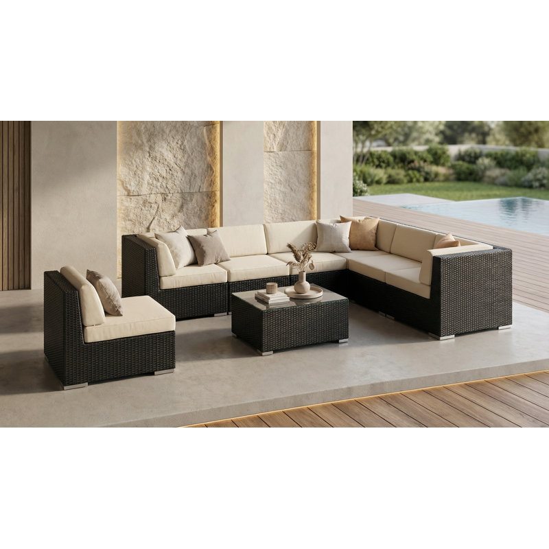 Billyjo Wicker 7 - Person Seating Group with Cushions - No Assembly, Black, Natural Sunbrella® Canvas