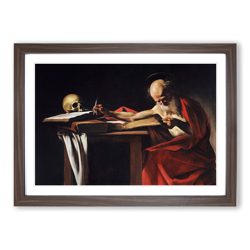 Saint Jerome Writing by Caravaggio - Picture Frame Painting, Walnut Framed, 27cm H x 36cm W x 2cm D
