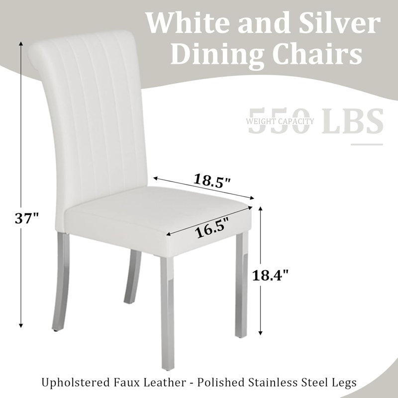 Ensemble de 2 chaises de salle à manger en cuir blanc avec pieds argentés en miroir