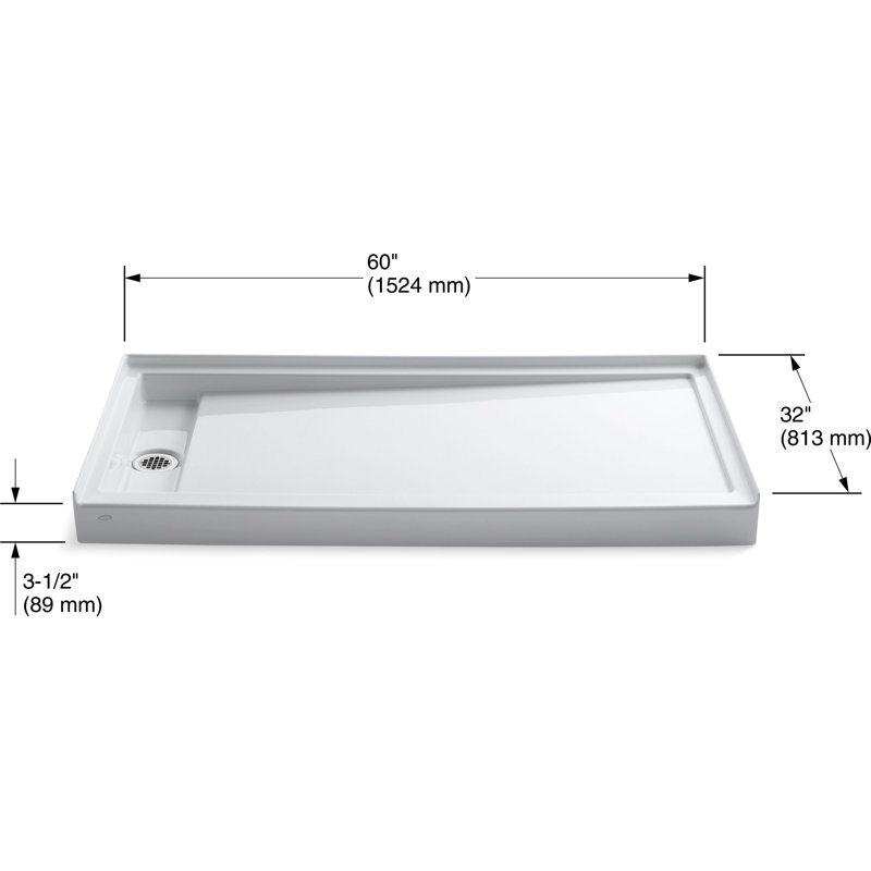 60" x 32" Single Threshold Drain Shower Base, White, Left