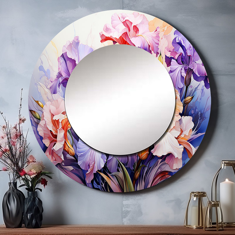 Meadow Iris Whispers I - miroir mural unique Meadow, miroir rond traditionnel, impression d'art en métal, 29 po x 29 po