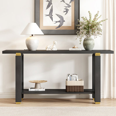 62.9" Modern Minimalist Console Table, Solid Wood Entryway Sofa Table With Metal Accents, Built-In Shelf, For Living Room, Hallway