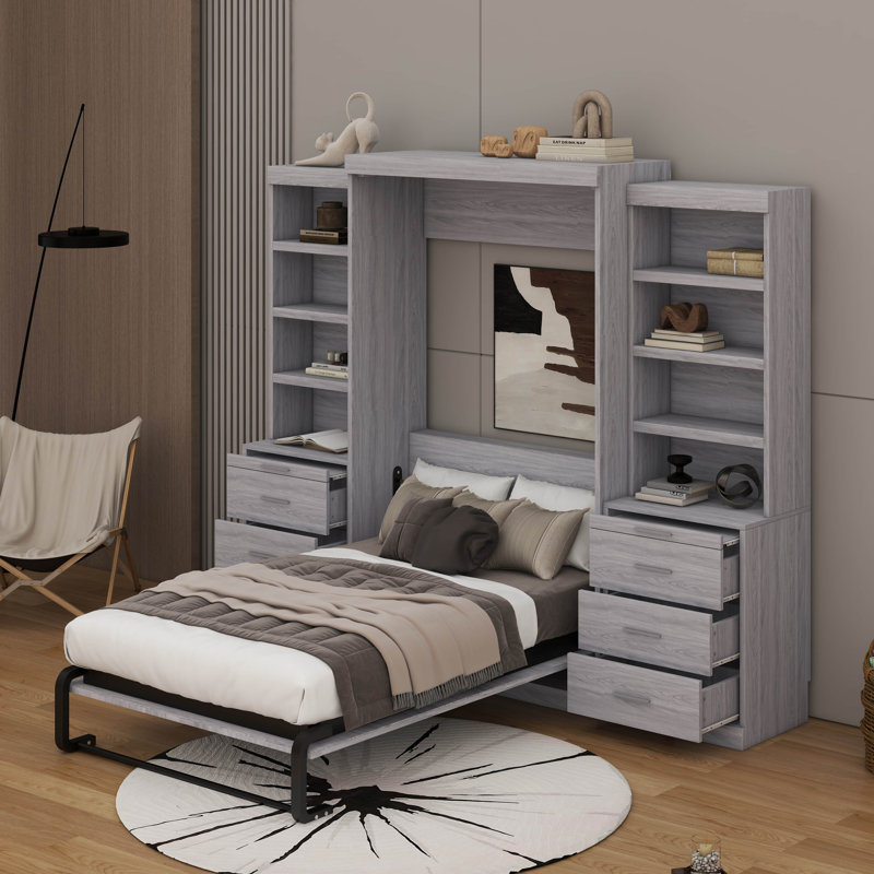 Lit escamotable double avec tablettes et tiroirs de rangement