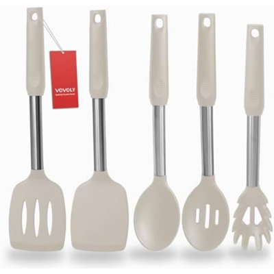 Silicone Spatula and Cooking Spoon,5 Pack Non-Stick Cooking Utensils for Kitchen，Heat Resistant Solid & Slotted Spoons and Spatulas, Stainless Steel Handle Coated with Silicone, Khaki