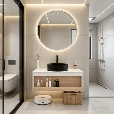 Ensemble de meuble-lavabo moderne flottant avec lavabo vasque en céramique et tablette de rangement ouverte murale (24 po / 30 po / 36 po)