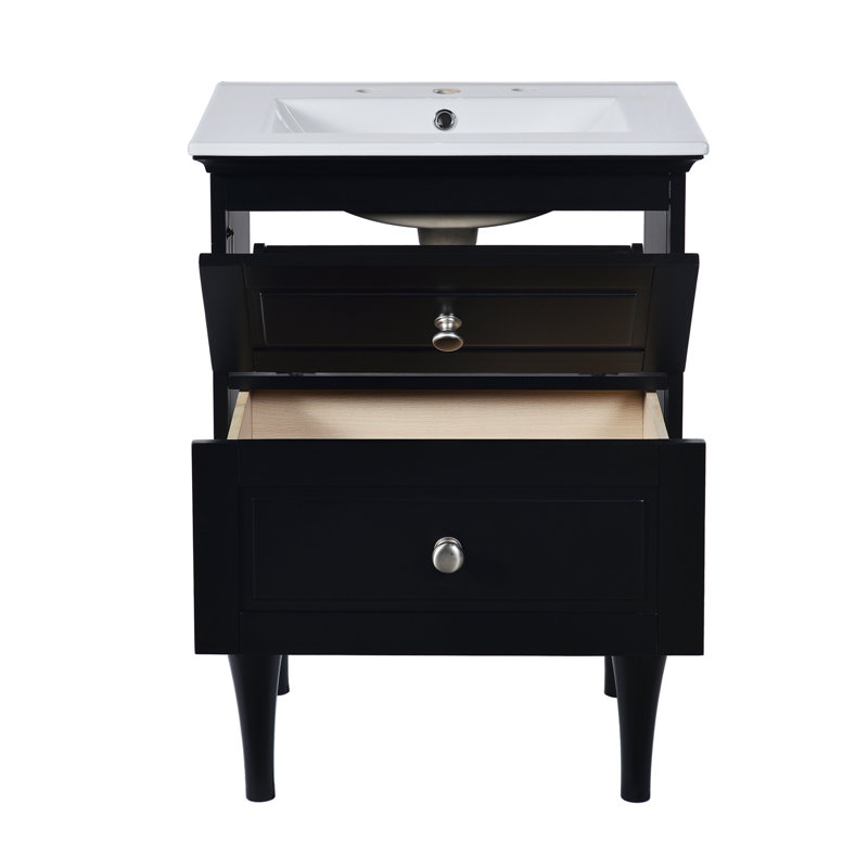 Ensemble de meuble-lavabo 24 po avec lavabo en céramique, armoire de rangement moderne avec 2 tiroirs, cadre en bois massif, noir