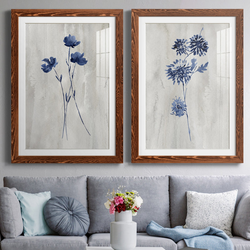 Indigo Botanical III - ensemble de 2 reproductions d'impressions, H 37,5 po x l 55 po x P 1,5 po, Papier avec cadre érable
