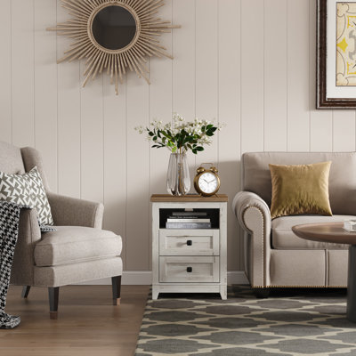 Table de chevet Farmhouse avec prises de courant et ports USB, table de chevet avec 2 tiroirs et 1 espace de rangement ouvert, table d'appoint, table de bout, table de chevet pour chambre à coucher, blanc rustique