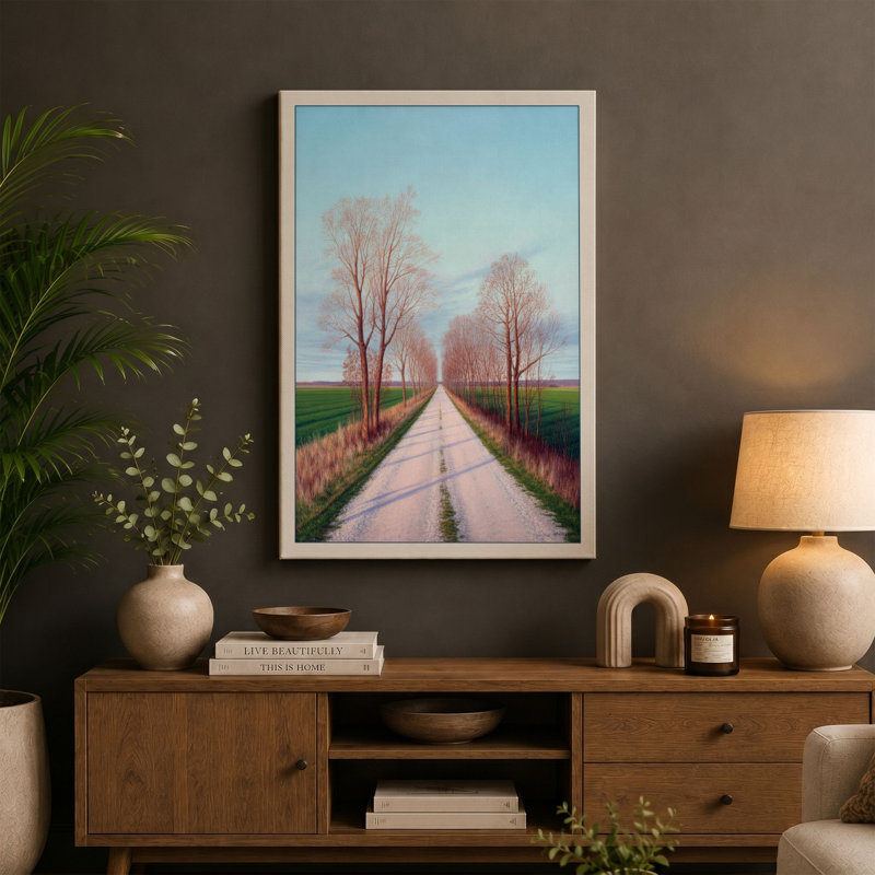 Road Through Autumn Trees Scandinavian - Wrapped Canvas, 30x20 - 76.2 x 50.8 cm, Taupe Border
