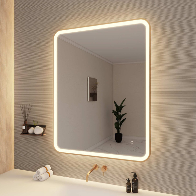 42 Round LED Front and Backlit Wall Mirror in Satin Gold, Satin Gold, 42" x 33"