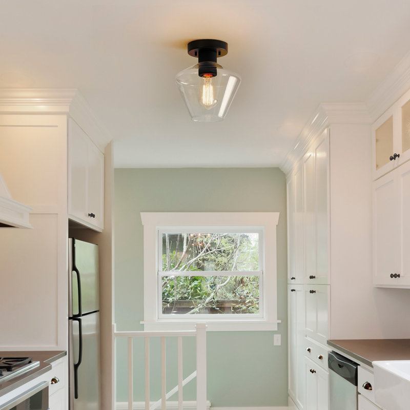 1-Light Semi-Flush Mount Ceiling Light, Matte Black, Clear Glass Shade, Diamond Knurl Texture On Socket, Home Improvement, Dining Room, Kitchen