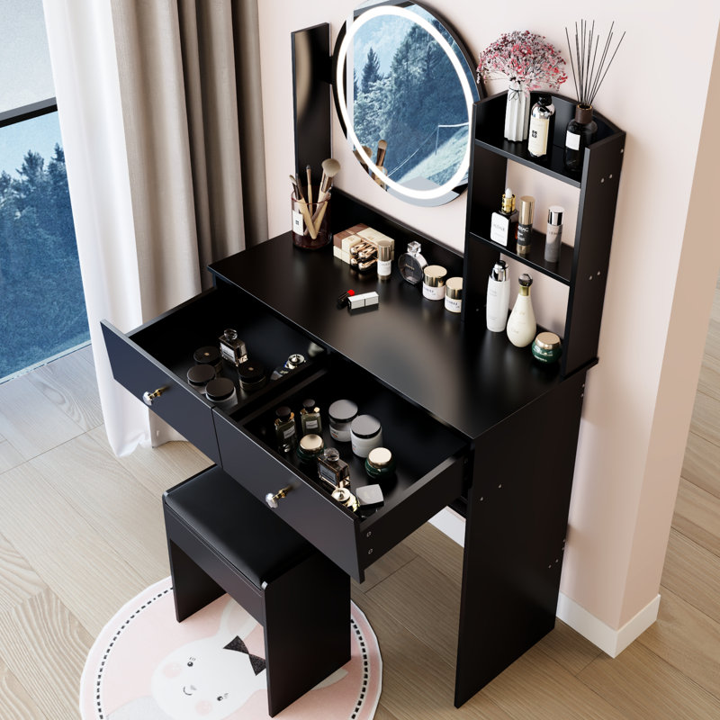 17" Round Led Vanity Table And Cushioned Stool , Touch - Operated 3 Color Lighting With Adjustable Brightness, Large Mirror Multi Layer Storage, Ideal For Small Home Spaces, American Inspired Look,