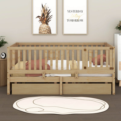 Kaenel Wood Daybed with Fence Guardrails and 2 Drawers