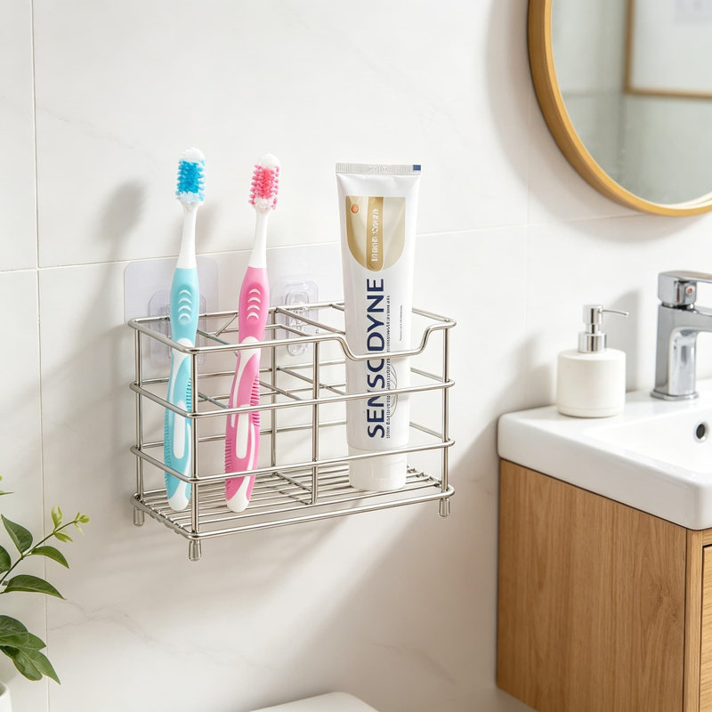 Organisateur de salle de bain en acier inoxydable 304 avec porte-brosse à dents et dentifrice, support de rangement antidérapant pour comptoir de salle de bain