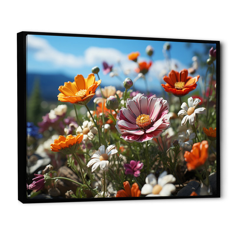 Bouquet de fleurs fantaisistes Attiyya - impression, H 16 po x l 32 po x P 1 po, Cadre flottant noir