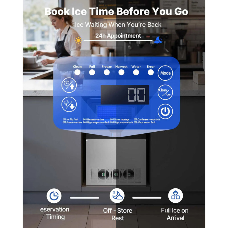Machine à glaçons commerciale, 440 lb / 24 h avec capacité de rangement de 85 lb, machine à glaçons encastrée / autoportante / sous comptoir en acier inoxydable avec présentoir à DEL et autonettoyante pour bar maison