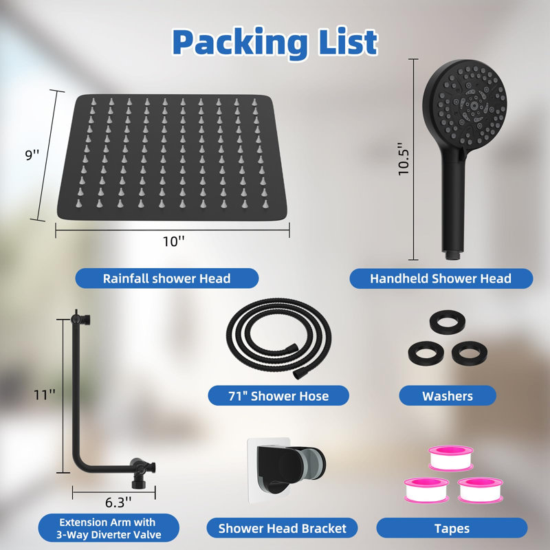 10" Shower Head, High Pressure Rainfall Handheld Shower Combo, Extension Arm,10-Spray Handheld Showerhead,71" Long Hose, 3-Way Diverter