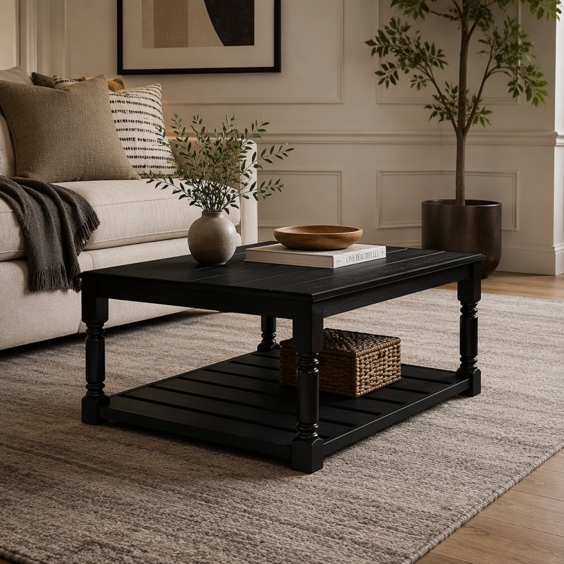 Table basse en bois avec tablette inférieure à lattes, table basse rectangulaire à pieds en bois massif tourné, table centrale
