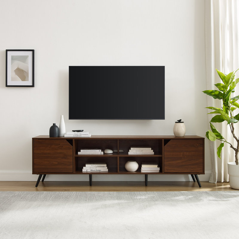 Meuble télé minimaliste à 2 portes avec rangement ouvert, Noyer foncé, L 70 po