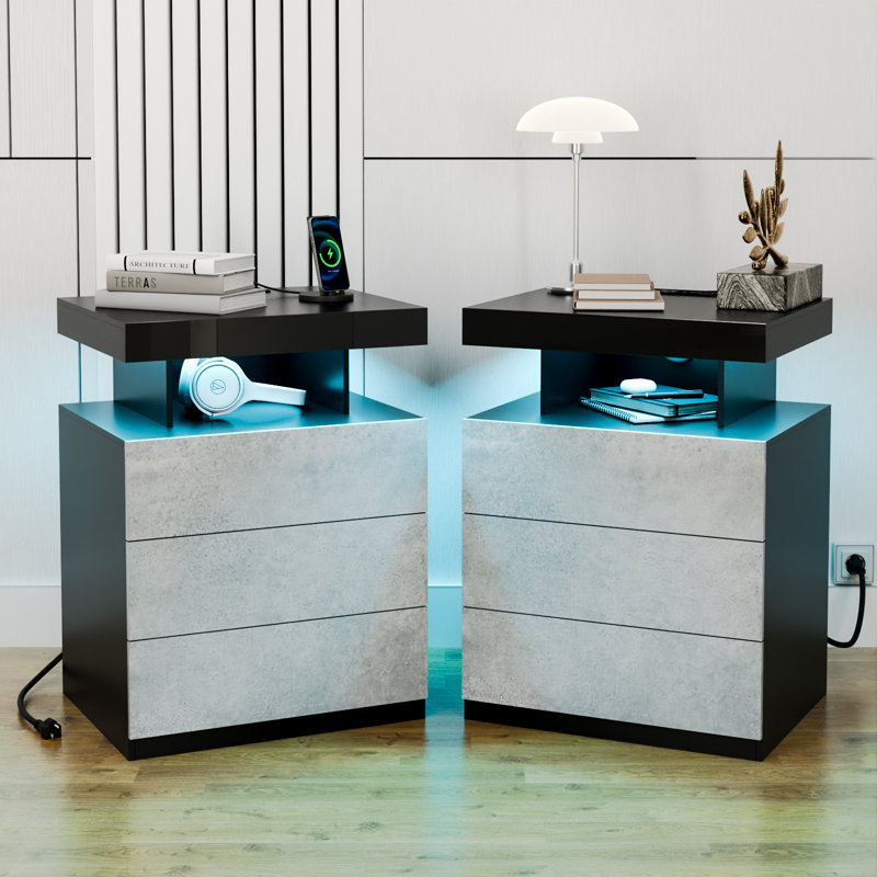Gray Manufactured Wood Nightstand Set with LED Lights and Wireless Charging